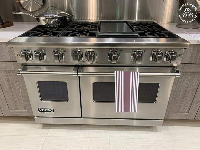 HONEST WEAVE GOTS Certified Organic Cotton Kitchen Hand and Dish Towel Sets - Oversized 20x30 inches, Fully Hemmed, in Designer Colors, 6-Pack, Plum Stripe