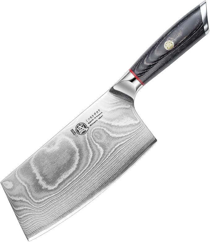 MITSUMOTO SAKARI Cleaver Chef Knife 7 inch - 67-Layer AUS-10 Damascus Steel, Hand Forged Japanese Meat Boning Knives, PakkaWood Handle & Sandalwood Box