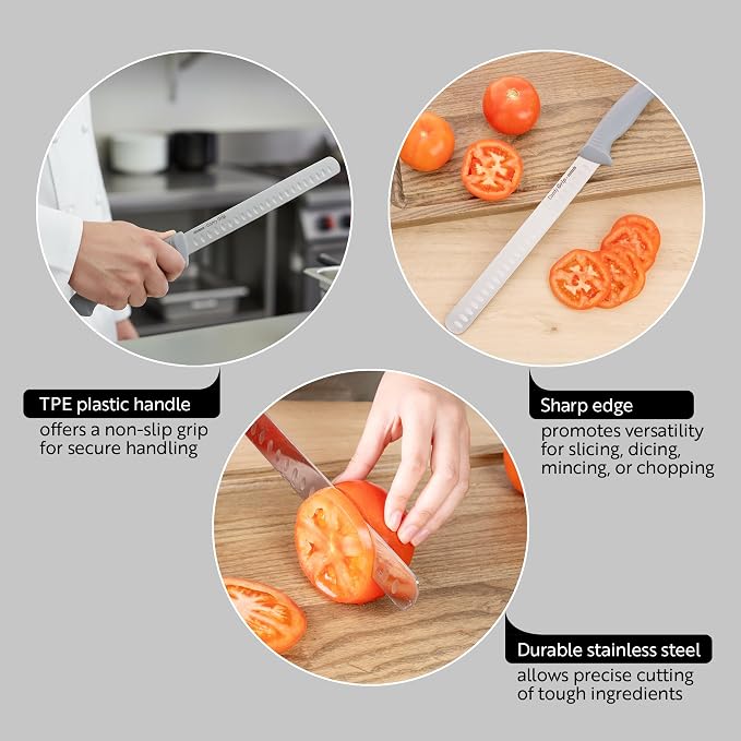 Restaurantware 12 Inch Slicing Knife Stainless Steel Ergonomic Handle Non-Slip Grip Durable Kitchen Knife, Dishwasher-Friendly for Home Cooking and Commercial Use, Gray