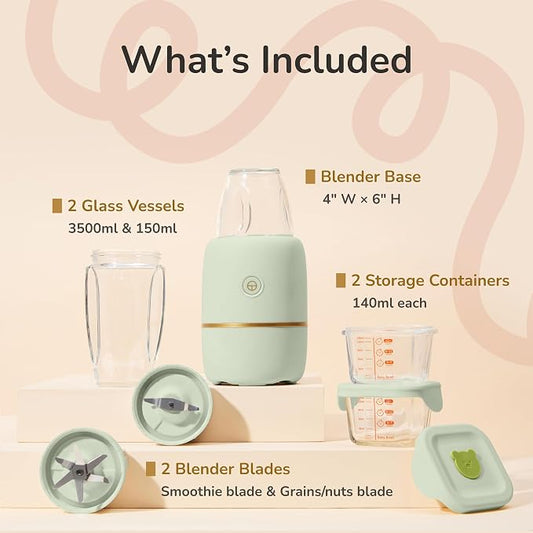 Bubble Blender, Baby Food Maker & Puree Blender with 2 Borosilicate Glass Cups, Compact Baby Bullet for Smoothies, Hands-Free One-Touch, 200W Motor, Sage