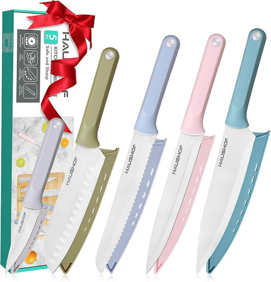 HAUSHOF Kitchen Knife Set, 5 PCS Colorful Kitchen Knives with Sheaths, Non-Stick Coated Stainless Steel Blades for Slicing, Dicing&Cutting, Gifts Knife Set with Ergonomic Handle for Dad, Mom, and Wife