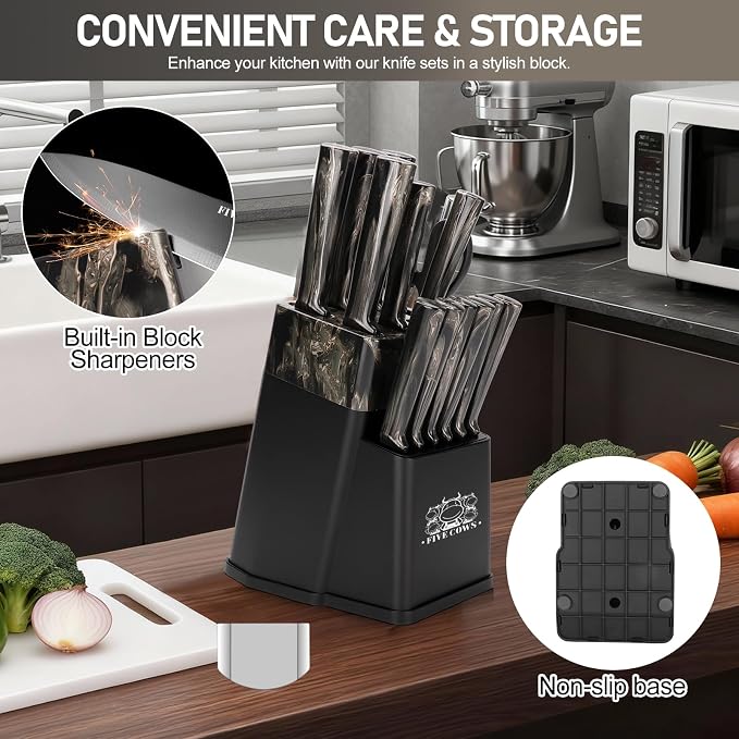 16-Piece Kitchen Knife Block Set with Cutting Board - German Stainless Steel Knives, Built-In Sharpener, Dishwasher Safe, Anti-Slip Handle - All-in-One Cutlery Set for Home/Kitchen (Black)