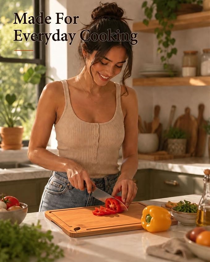 Cutting Boards for Kitchen, Wooden Chopping Board for Meat, Vegetables and Fruit, 18" x 12" XL Deep Carbonized Bamboo Board for Meal Prep, Serving, Daily Cooking and Kitchen Counter