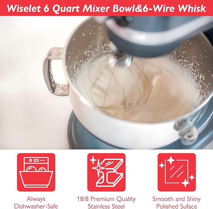 Stainless Steel Mixer Bowl and KN256 Whisk for Kitchenaid 6-7 Qt Bowl Lift Stand Mixer, Fit for KP26, KL26, KSM55/60/70 Ergonomic Handle, Polishesd Surface, Heavy Duty, with Scraper, Dishwasher Safe