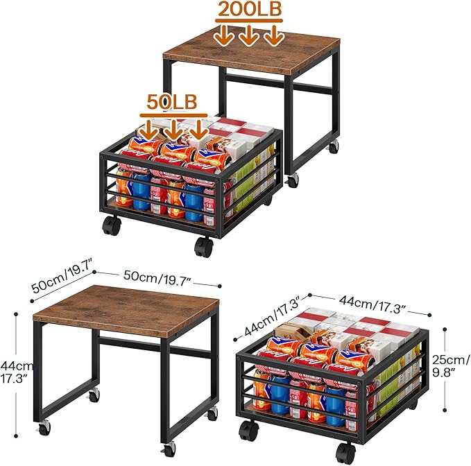 HOOBRO End Table, Mini Fridge Stand with Storage, Mini Fridge Table with Wheels and Adjustable Feet, Sturdy Metal Frame, for Living Room, Bedroom, Office, Rustic Brown and Black BF155TL01