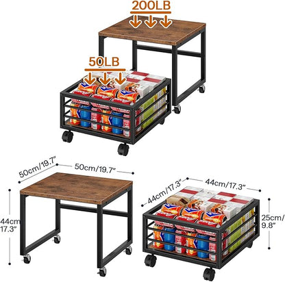 HOOBRO End Table, Mini Fridge Stand with Storage, Mini Fridge Table with Wheels and Adjustable Feet, Sturdy Metal Frame, for Living Room, Bedroom, Office, Rustic Brown and Black BF155TL01