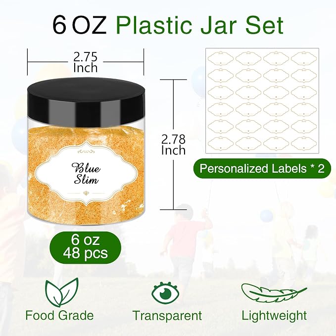 PeacePeo Plastic Jars with Lids, 48 Pcs 6 OZ Slime Containers with Screw On Lids Clear Round Plastic Storage Jars Refillable Container Jar for Travel Storage Home Kitchen Food