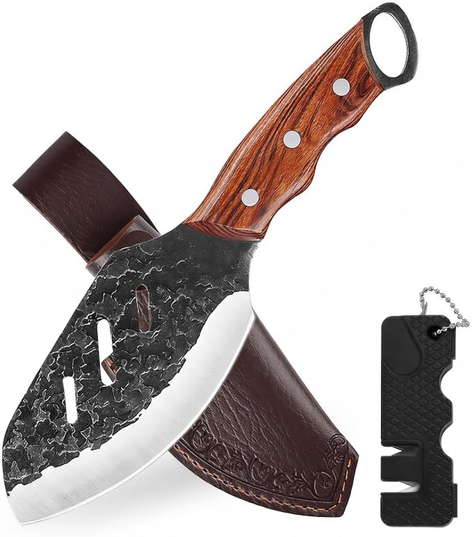 KOFERY Serbian Butcher Knife Hand Forged Viking Cleaver with Full Tang Hammered 4Cr13MoV Steel for Kitchen, Camp & BBQ | Heavy Duty Chef Knife with Pakkawood Handle, Leather Sheath & Sharpener