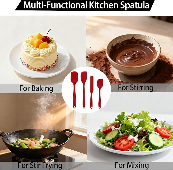 Silicone Spatula Set, Food Grade Rubber Spatula, 4 Pcs Heat Resistant Silicone Spatulas, One Piece Design Non-Stick Kitchen Utensils for Cooking, Stirring, Baking & Mixing, Dishwasher Safe (Red)