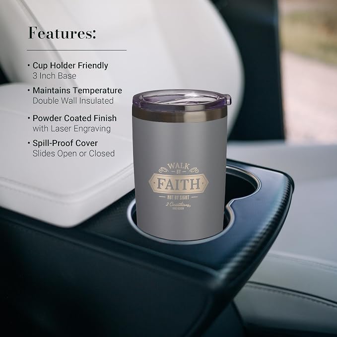 Christian Art Gifts Stainless Steel Double Wall Vacuum Insulated Travel Mug 18 oz Gray Bible Verse Tumbler with Retractable Lid for Men & Women - Walk by Faith - 2 Corinthian 5:7