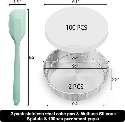 9½ Inch Cake Pan Set of 2, Nonstick Circle Stainless Steel Round Layer Cake Baking Pans Tins with 100PCS Parchment Paper for Birthday Christmas, Healthy & Non-Toxic, Silicone Spatula & Dishwasher Safe