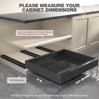 Seinloes 4 Pack Pull Out Cabinet Organizer 21" Deep,Full Extension 3 Slide Rails Slide Out Drawers With Raising Pad for Framed Cabinets,Expandable Width (12.3"-20.5"),No Drill Roll Out Shelves,Black