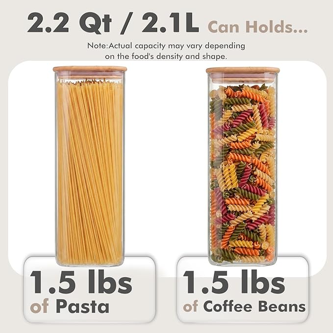3-Pack 2.2Qt Rectangle Glass Spaghetti Jars with Bamboo Lids | Minimalist Kitchen Organizer,Scandinavian Style Storage,Nordic Style Storage,Food Storage Canister for Pasta, Penne, Macaroni