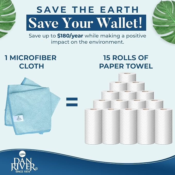 DAN RIVER 12-Pack Blue Microfiber Towels – Ultra Absorbent, Lint-Free & Streak-Free Cleaning Towels for Home, Car & Kitchen - Must-Have Cleaning Essentials - 12" x 12"