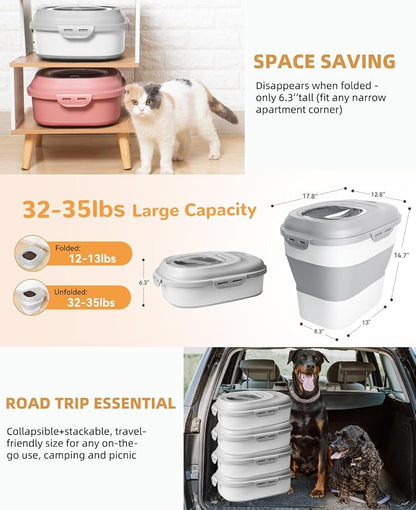 30-35 Lbs Dog Food Storage Container Collapsible Dog Food Container with Airtight Lids, Wheels, Scoop and 2pcs Food Storage Containers, Large Pet food storage for Dog, Cat