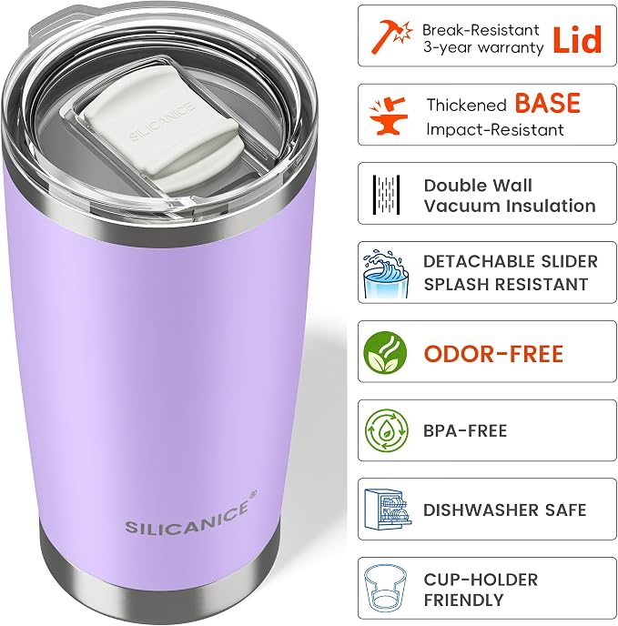 Coffee Tumbler 20 oz, Double Wall Stainless Steel Travel Coffee Mug with Removable Slider Lid, BPA Free, Car Cup Holder Compatible - Gym/Office/Travel/Home - Lilac