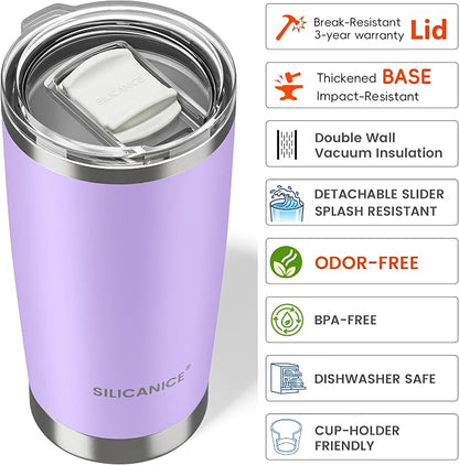 Coffee Tumbler 20 oz, Double Wall Stainless Steel Travel Coffee Mug with Removable Slider Lid, BPA Free, Car Cup Holder Compatible - Gym/Office/Travel/Home - Lilac