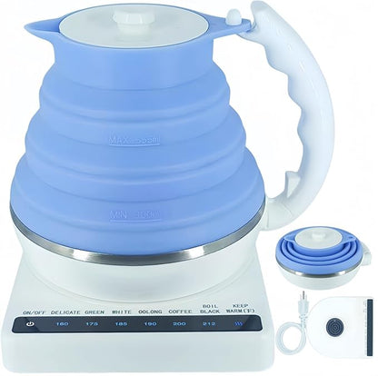 Collapsible Travel Tea Kettle with Temperature Control, Portable Electric Tea Kettle, Collapsible Water Kettle with Detachable Base, BPA-Free Silicone, Keep Warm & Auto Shut-Off, 555ml 110V Blue