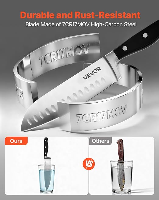 VEVOR Kitchen Knife Set with Block and Sharpener, 15 Piece High Carbon Stainless Steel Sharp Knife Set, Kitchen Cutlery with Crack-Resistant Handle, Sharpening Rod and Wooden Block, for Home Cooks