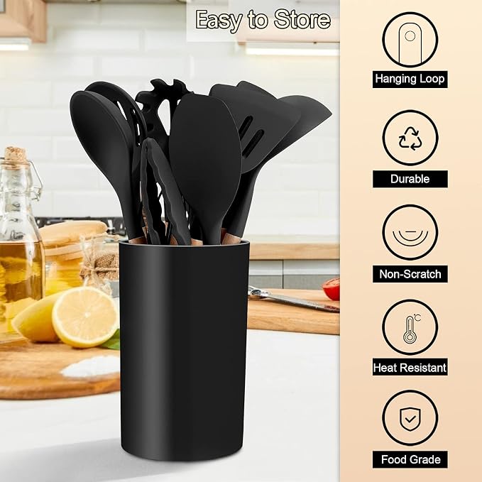 Kitchen Utensils Set of 12, E-far Silicone Cooking Utensils with Holder, Non-stick Cookware Friendly & Heat Resistant, Includes Spatula Tong Whisk Ladle Brush Slotted Turner Spoon(Black)