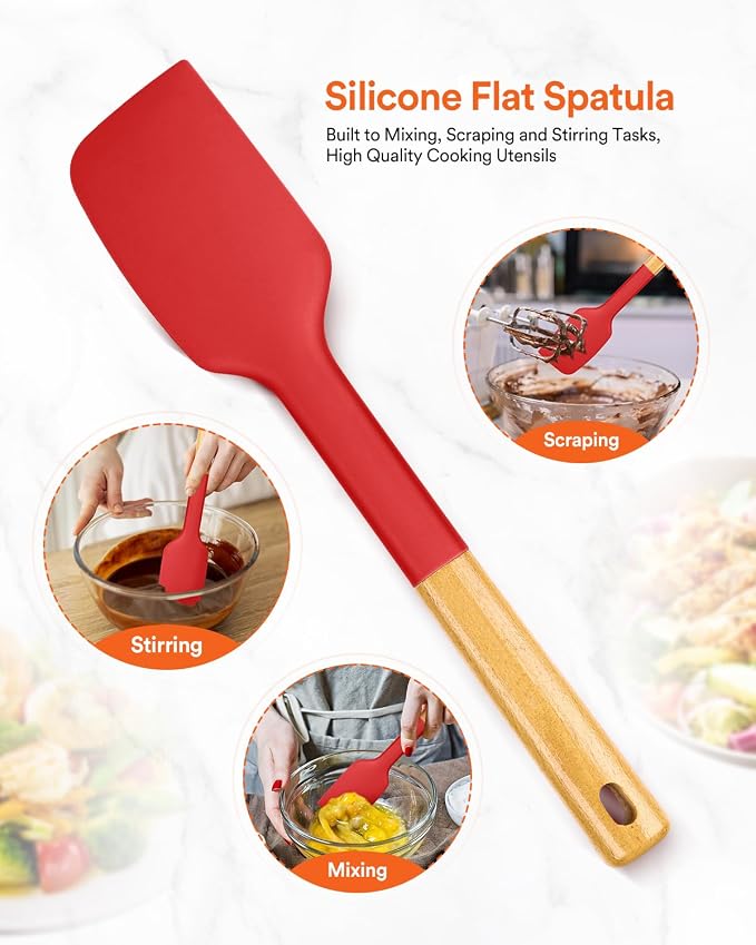 Silicone Heavy-Duty Spatula, Great For Tough Mixing And Stirring, Sturdy Bpa-Free Matte Silicone, Wooden Handle Rubber Scraper For Nonstick Cookwares (RED)