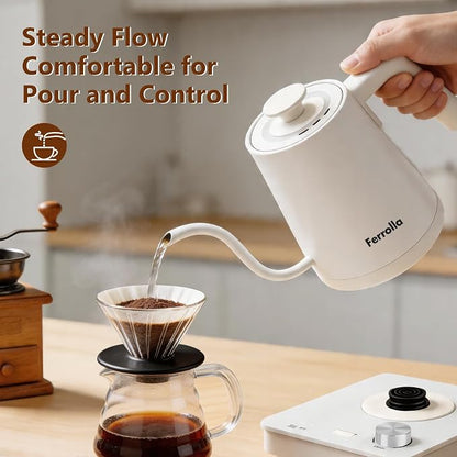 Electric Gooseneck Kettle White with Digit LED Display and Dial Control, Pour Over Kettle for Coffee & Tea, Hot Water Boiler, Stainless Steel Inner Lid & Bottom, 1300W, 0.8L