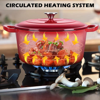 TeamFar Enameled Cast Iron Dutch Oven, 6 Quart Pot with Lid & Dual Handles - Heavy Duty Cookware Oven Safe up to 500° F for Bread Baking, Stews, Braising, Roasting - Red