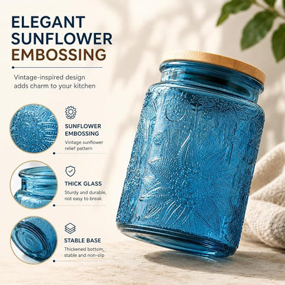 ANSQU 2 Pack Blue Glass Canisters with Lids, 23.7 oz Vintage Embossed Glass Jars, Airtight Food Storage Containers for Coffee Beans, Tea, Sugar, Candy, Cookies, Decorative Kitchen Pantry Organizer