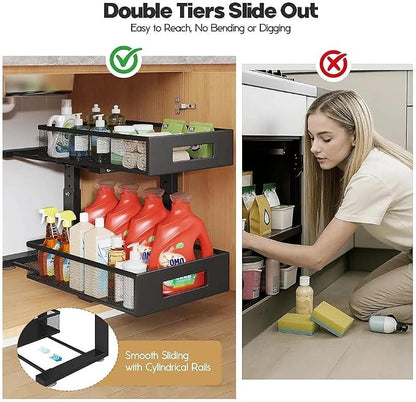 Under Sink Organizer, 2-Tier Dual Pull Out Cabinet Organizer Drawers With Smooth Circular Rail, Large Capacity Metal Mesh Sliding Shelves For Bathroom& Kitchen Storage,Height Adjustable–Black,1 Pack