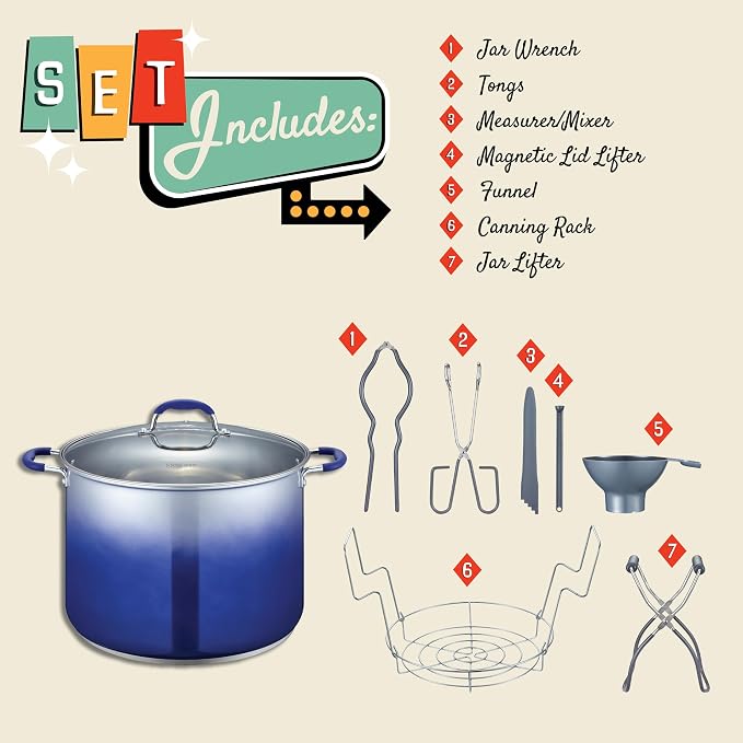 CONCORD 20 Quart Stainless Steel Canning Pot Set. Includes Canning Rack, Tongs, Jar Lifter, Funnel, Wrench, Lid Lifter, Mixer/Measurer (Induction Compatible)
