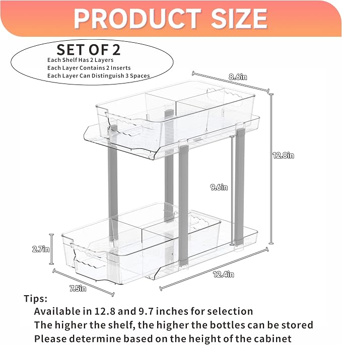 SuoXing 2 Pack 2 Tier Under Cabinet Bathroom Storage,Large 12.4″ Deep Under Sink Organization With Dividers,Clear Pull Out Organizers for Kitchen,Undersink Storage for Hair Products,Towel and Makeup