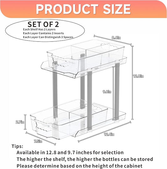 SuoXing 2 Pack 2 Tier Under Cabinet Bathroom Storage,Large 12.4″ Deep Under Sink Organization With Dividers,Clear Pull Out Organizers for Kitchen,Undersink Storage for Hair Products,Towel and Makeup