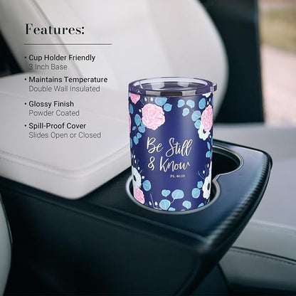 Christian Art Gifts Stainless Steel Double-Wall Vacuum Insulated Travel Mug 18 oz Navy Blue with Pink Floral Tumbler with Lid for Women with Inspirational Bible Verse - Be Still & Know -Psalm 46:10