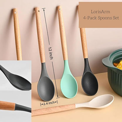 LorisArm Wooden Handle Silicone Spoon, 12" Rubber Spoon 4-Pack Nonstick Stirring Spoons for Baking Cooking and Mixing, Kitchen Serving Spoons (Grey, Green, White, Black).