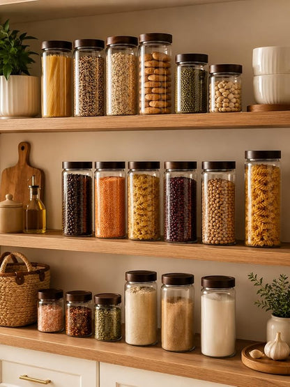 Wide Mouth Glass Storage Jars With 3" Acacia Wood Lids - 4 Pack of 9.1 Oz Airtight Food Storage Containers - Borosilicate Glass Canisters for Kitchen - Pantry Organizers and Storage for Rice Coffee