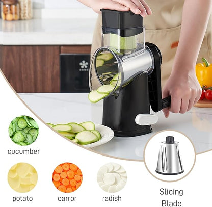 Weltonhm Rotary Cheese Graters with 4 Blades, Hand Crank Cheese Grater with Waffle Slicer, Black and White Cheese Shredder with Suction Base, Easier for Shredding & Grating (Black, 4 Graters)