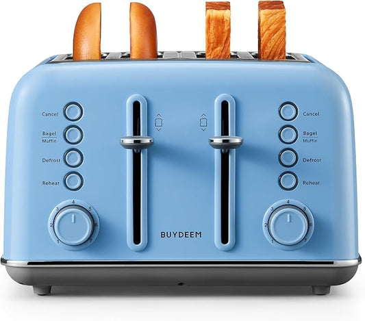BUYDEEM DT640 4-Slice Toaster, 7 Shade Settings, Extra Wide 1.5’’ Slots for Bagel & English Muffin, 6 Toasting Functions, Retro Stainless Steel Toaster with High Lift Lever, 1800W, Blue
