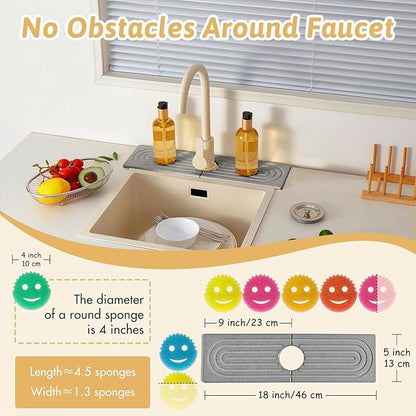 Diatomite Kitchen Sink Water Splash Guard, 18'' Drying Neat Stone Sink Tray, Modern Stylish Faucet Handle Drip Catcher Stone, Absorbent Mat for Kitchen Counter, Gift for Valentine's Day, Light Gray