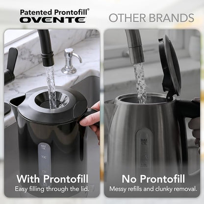 OVENTE 1.8L Electric Kettle, 1500W Fast Boiling Heater for Coffee or Tea, BPA Free, Easy to Fill Lid, Water Level Window, Auto Shut-Off, Boil-Dry Protection and Removable Filter, Black KP413B