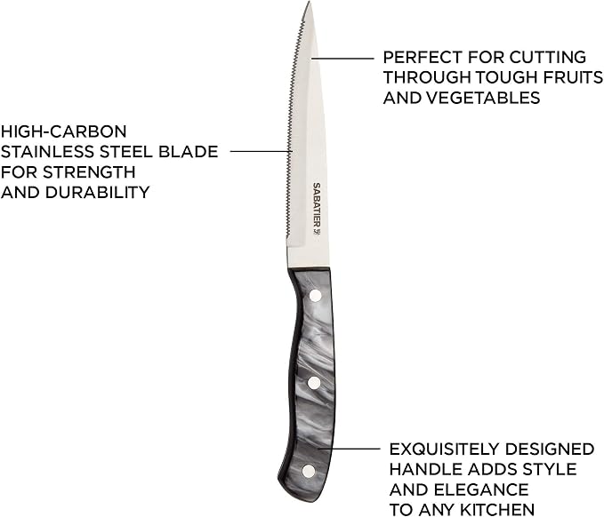 Sabatier Triple Riveted Serrated Utility Knife, 5-Inch, High-Carbon Stainless Steel, Razor-Sharp Kitchen Knife to Cut Fruit, Vegetables and more, Black