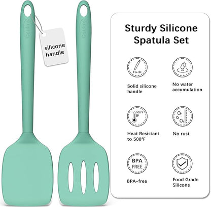Coukre 2 Pack Silicone Spatula Set, High Heat Resistant, BPA Free Kitchen Spatula, Solid & Slotted Turner for Non-Stick Pans, Sautéing, and Flipping (2, SolidAquaGreen)