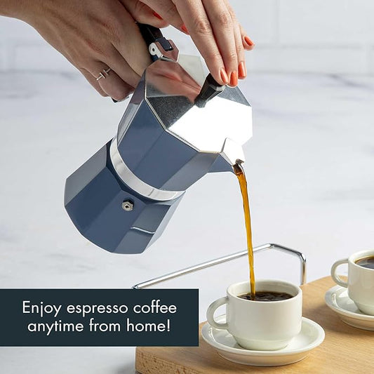 Primula Classic Moka Pot Stovetop Espresso and Coffee Maker, Italian and Cuban Cafetera for Rich Espresso Brewing, Durable Aluminum Greca Coffee Maker with Easy Grip Handle, 6-Cup, Blue