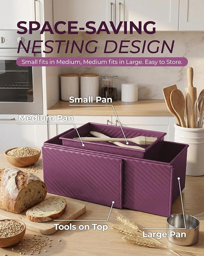 CARTMAN 3-Piece Pullman Loaf Pan with Lid Set – Non-Stick Carbon Steel Bread Pan with Bottom Vents – Includes Large (12"), Medium (8") & Mini (7") Sizes plus Silicone Tools – Plum Purple