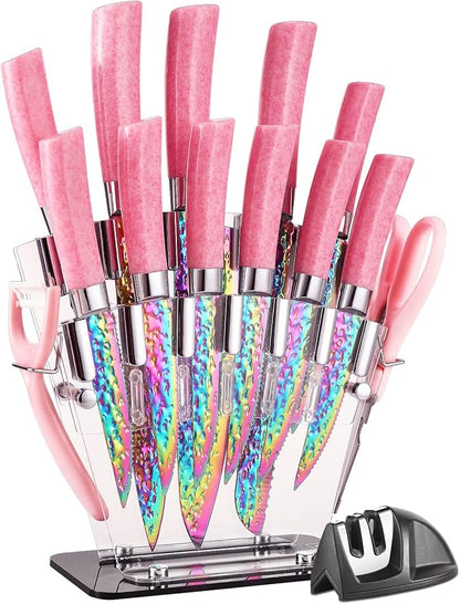 Rainbow Titanium Knife Set, Non Stick Thick and Sharp Stainless Steel 15 Pcs Cutlery Kitchen Knives Set with Acrylic Block, Chef Quality for Home & Pro Use, Best Gift, Pink Color