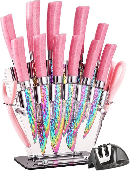 Rainbow Titanium Knife Set, Non Stick Thick and Sharp Stainless Steel 15 Pcs Cutlery Kitchen Knives Set with Acrylic Block, Chef Quality for Home & Pro Use, Best Gift, Pink Color