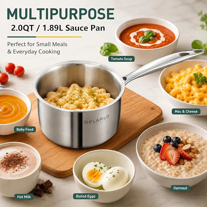 DELARLO Full-body Clad Tri-Ply Stainless Steel Small Brushed Saucepan With Lid, Induction Cooking Sauce Pot Pan, Heavy Duty Saucier Cookware, PFOA&PTFE Free(2 Quart)