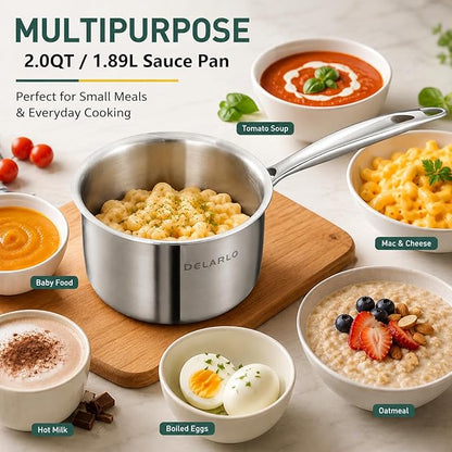 DELARLO Full-body Clad Tri-Ply Stainless Steel Small Brushed Saucepan With Lid, Induction Cooking Sauce Pot Pan, Heavy Duty Saucier Cookware, PFOA&PTFE Free(2 Quart)