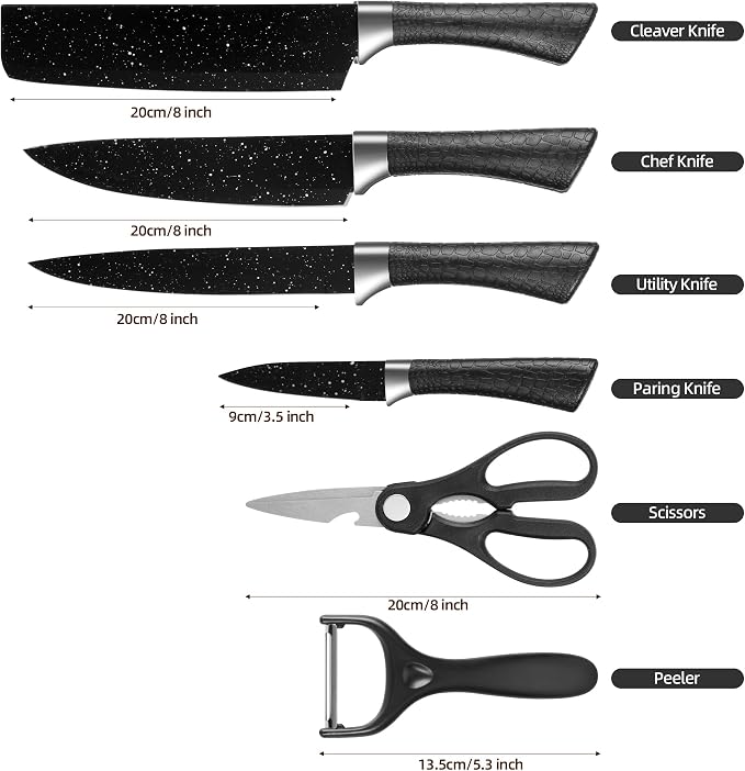 TJ POP Kitchen Knife Set 6-Piece, Rustproof Sharp Stainless Steel Chef's Knife Set, Non-Stick Coated Black Starry Night Pattern Blades and Ergonomic Handle, Cooking Knives for Home Restaurant Camping