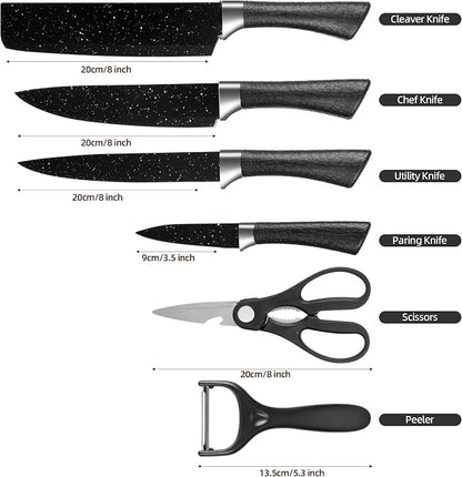 TJ POP Kitchen Knife Set 6-Piece, Rustproof Sharp Stainless Steel Chef's Knife Set, Non-Stick Coated Black Starry Night Pattern Blades and Ergonomic Handle, Cooking Knives for Home Restaurant Camping