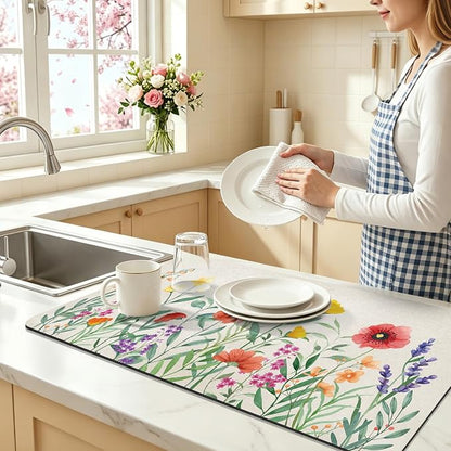 LOKHOM Dish Drying Mat for Kitchen Counter, 17"x32" Absorbent Coffee Bar Mat with Spring Floral, Dish Drainer Rack Mat for Kitchen Counter